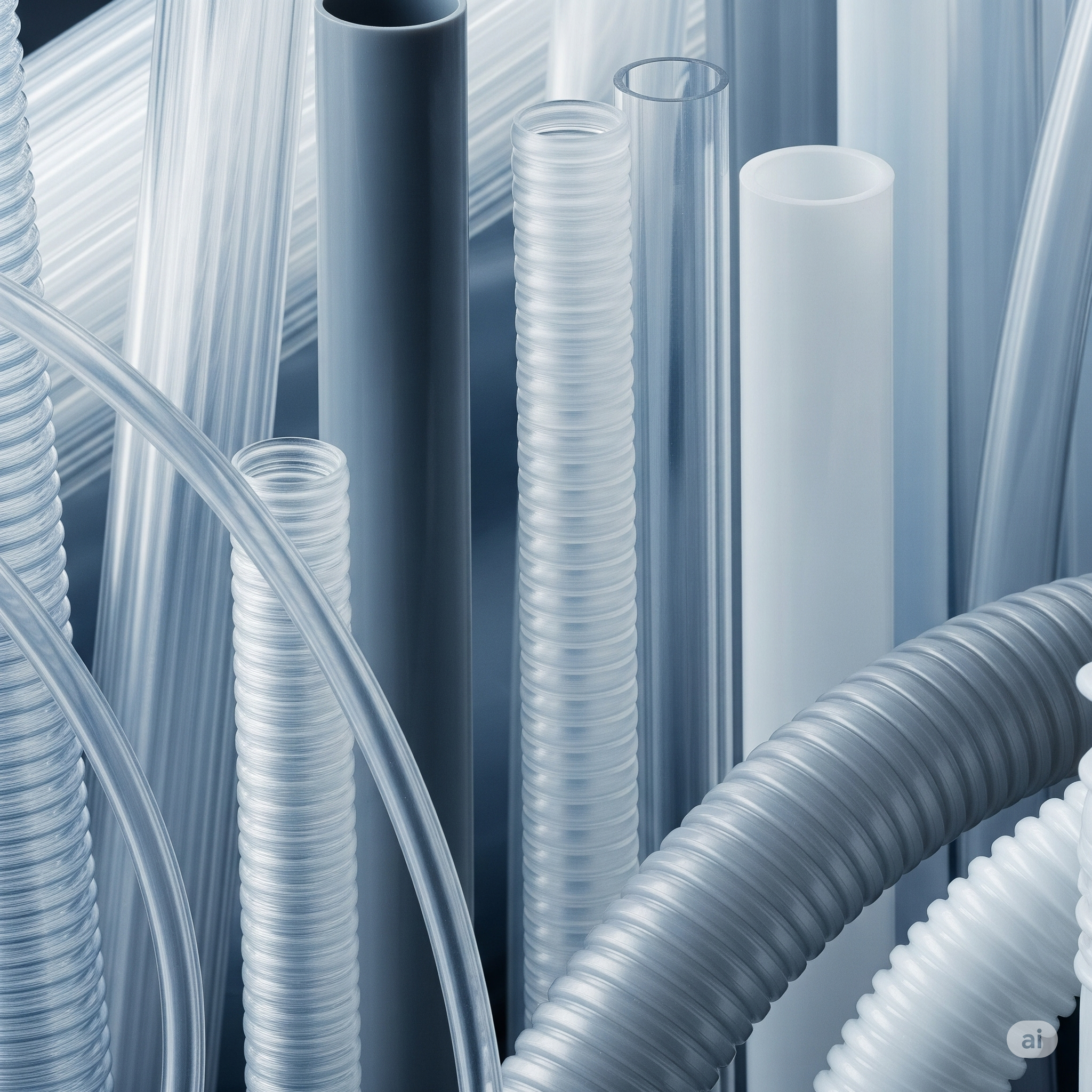 Coils of flexible colored plastic tubing in red, blue, and yellow, demonstrating material variety.